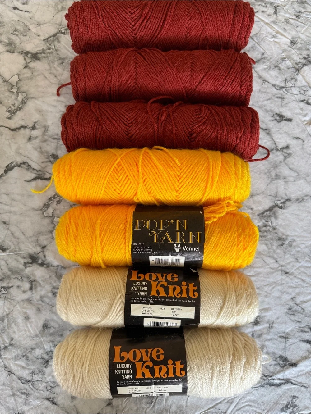 Yarn Bundle, Bright Yellow, Deep Brownish Red & Off White. 7 Skein Bundle.